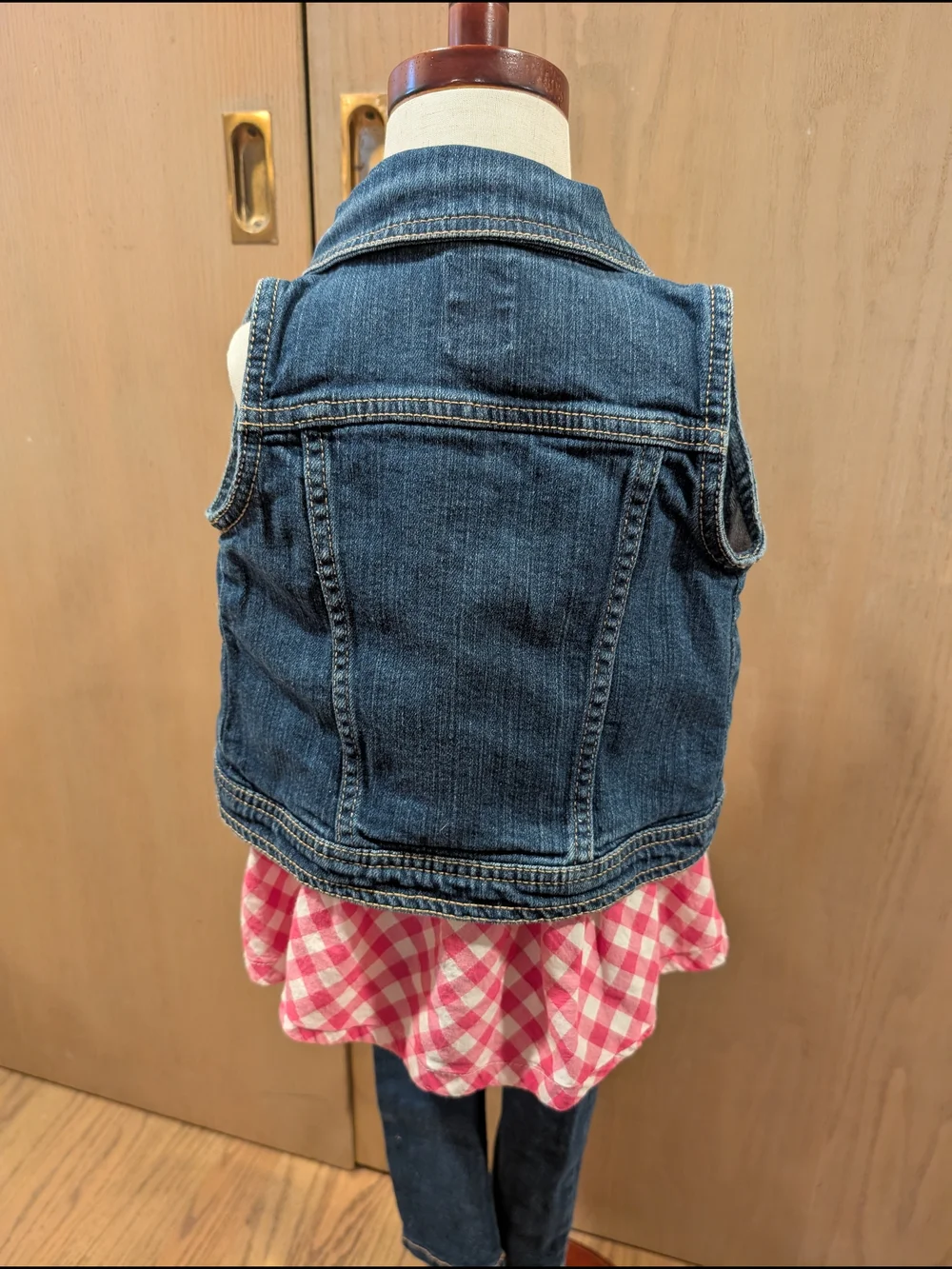 Old Navy 3T Girls Pink Gingham Tank Top with Denim Vest And Jeggings Outfit